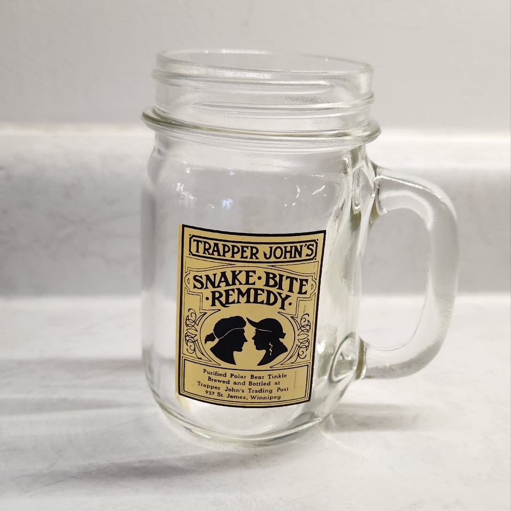 Vintage Trapper Johns Snakebite Remedy Mason Jar Glass Mug